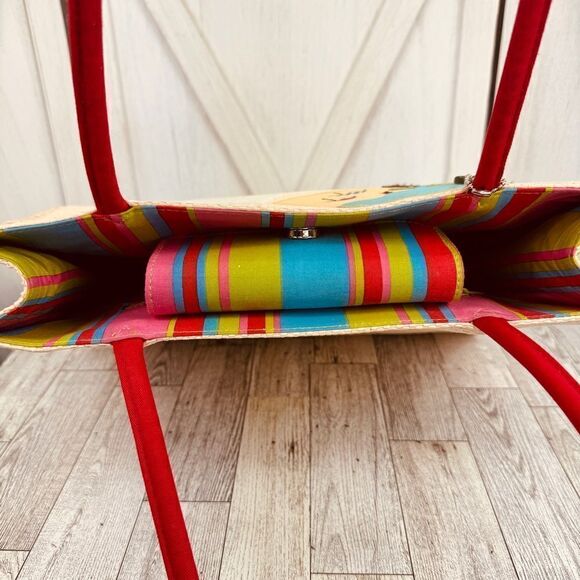 Fossil Forever Faux Straw Beach Vacation Tote Shoulder Bag Large Cream Red - Picture 7 of 12